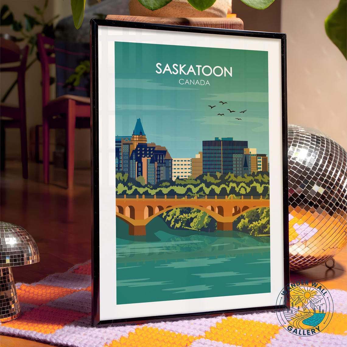 Saskatoon Canada Skyline River Bridge Sunset Flying Geese Poster - Image 4