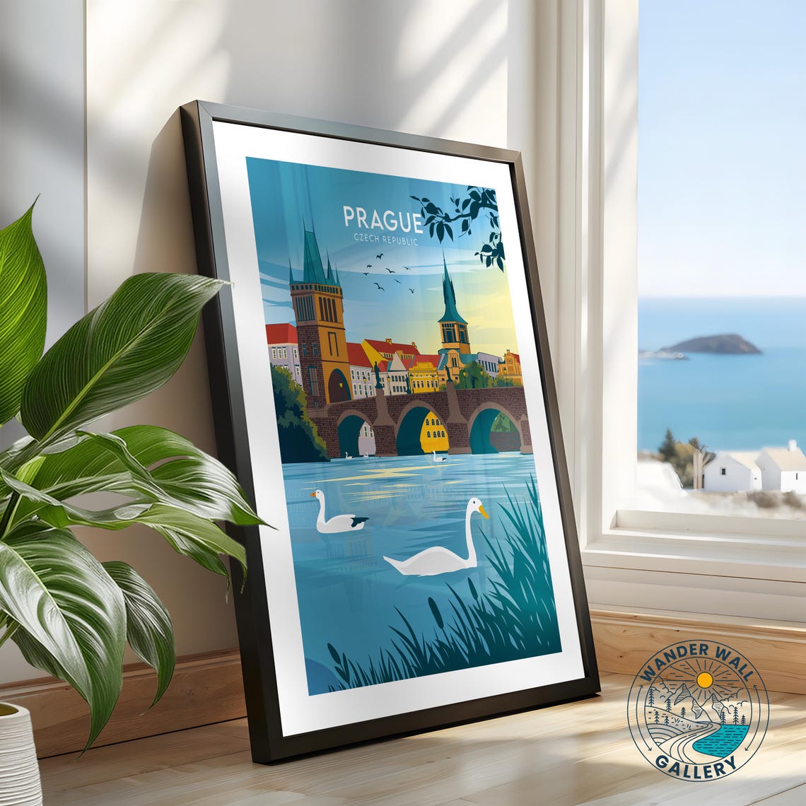 Prague Charles Bridge Swans Sunset Czech Republic Retro Travel Poster - Image 2