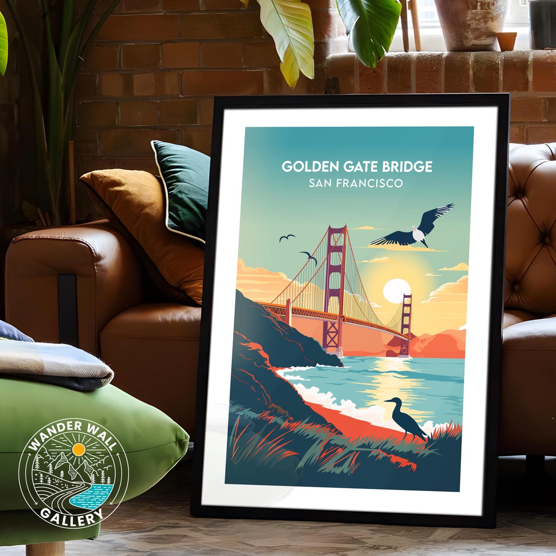 Golden Gate Bridge San Francisco Sunset Seagulls Retro Travel Poster - Image 6