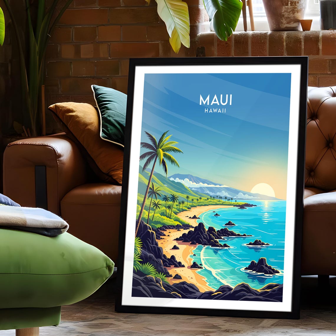 Maui Hawaii Tropical Beach Sunset Palm Trees Lava Rock Shore Poster - Image 2