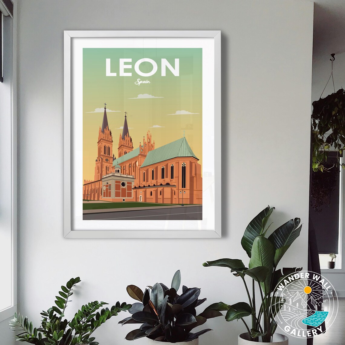 Leon Spain Cathedral Twin Spires Golden Sunrise Travel Poster - Image 3