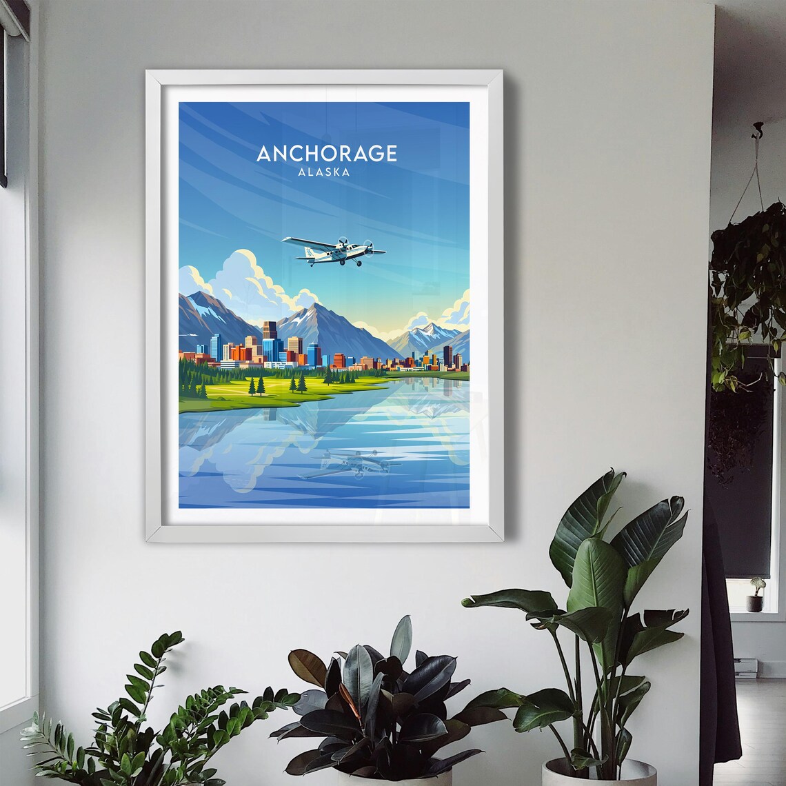 Anchorage Alaska City Skyline Seaplane Flying Over Lake Reflection Poster - Image 3