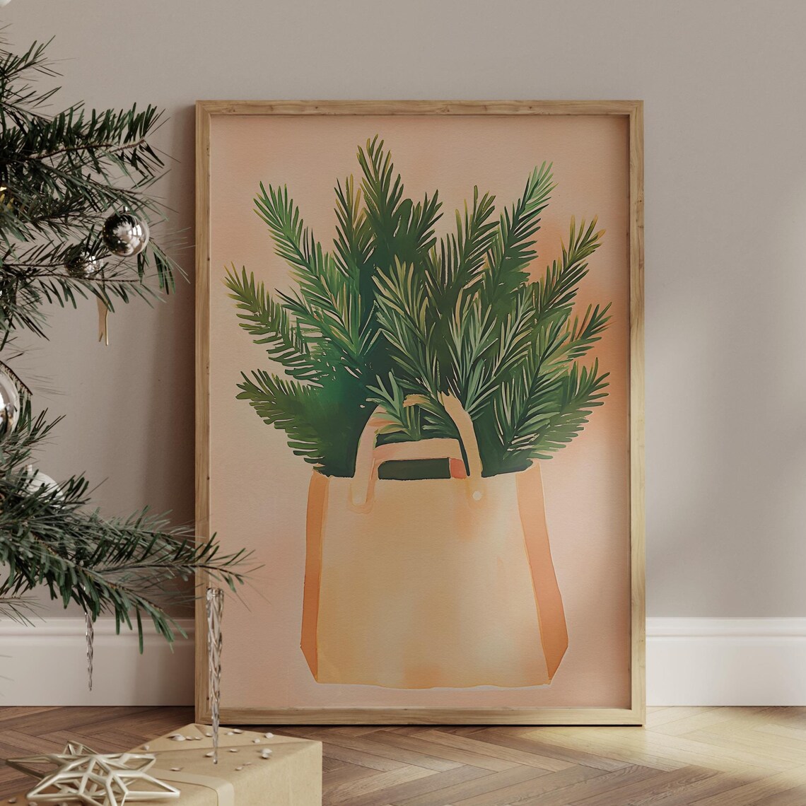 Retro Boho Christmas Botanical Wall Art Print