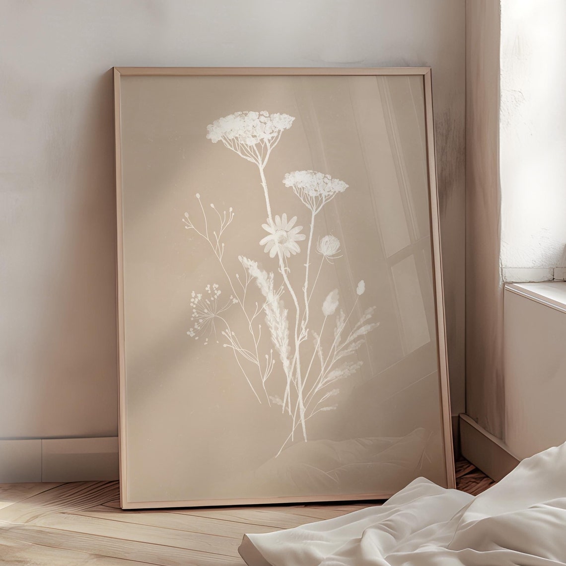 Delicate White Wildflower Stems on Soft Taupe Minimal Botanical Poster