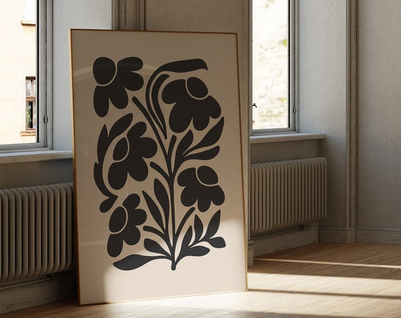 Abstract Modern Floral Art Beige And Black Botanical Print Modern Dining Room Wall Decor Moody Botanical Art 1708