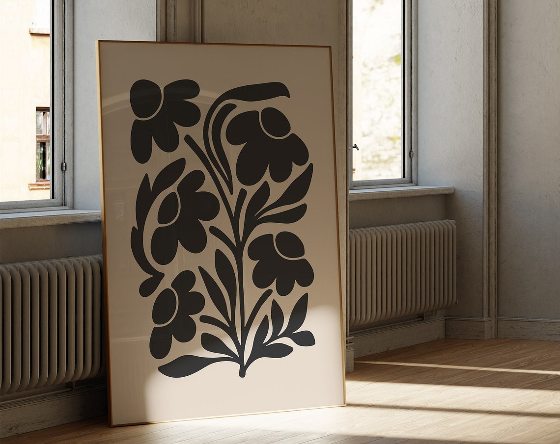 Black Floral Silhouette Beige Botanical Modern Dining Room Poster