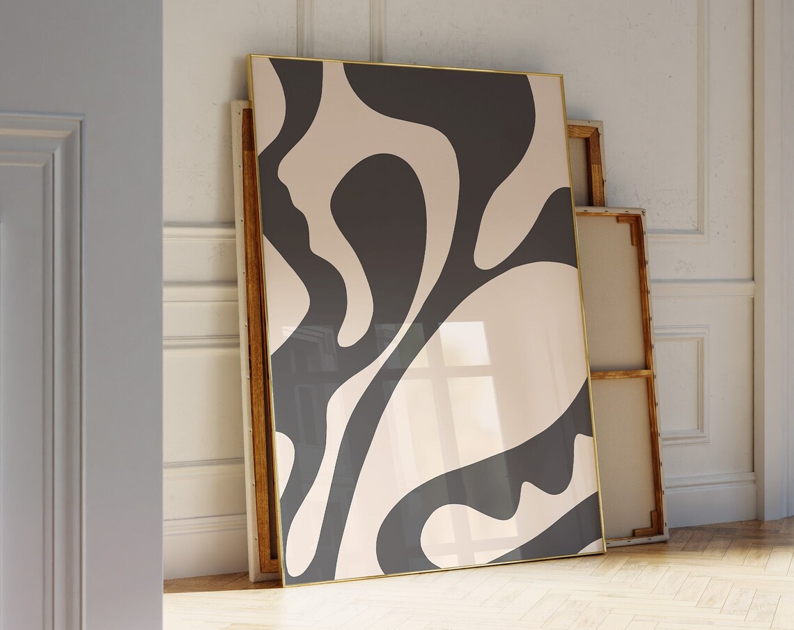 Beige Black Abstract Wavy Organic Shapes Art Print Minimalist Decor