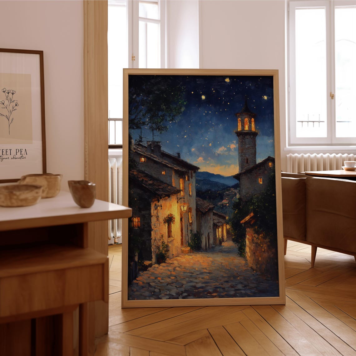 Moonlit Village Street Starry Night Impressionist Oil Painting Print