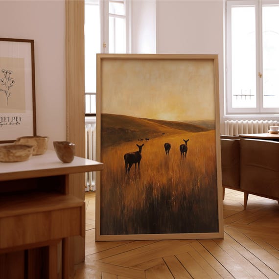 Impressionist Deer In Meadow Wall Art Vintage Oil Painting Print Framed Or Unframed Poster Timeless Home Office Dcor