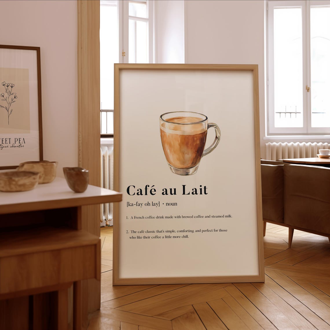 Cafe Au Lait Definition Coffee Cup Watercolor Kitchen Wall Art