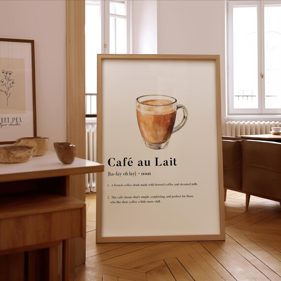 Cafe Au Lait Definition Coffee Cup Watercolor Kitchen Wall Art