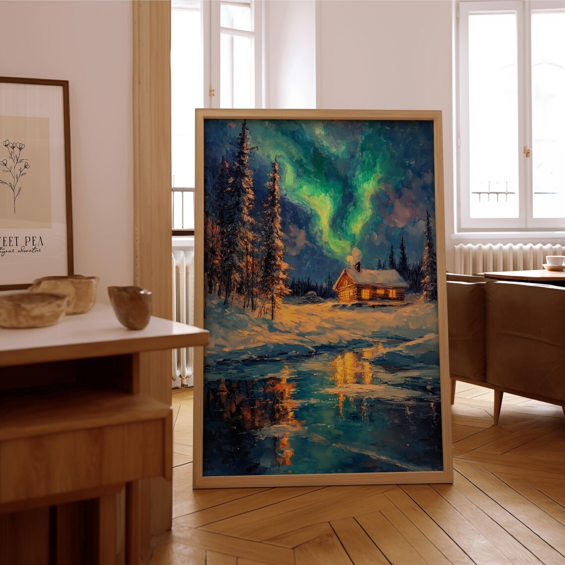 Aurora Borealis Snow Cabin Frozen Lake Winter Night Sky Poster