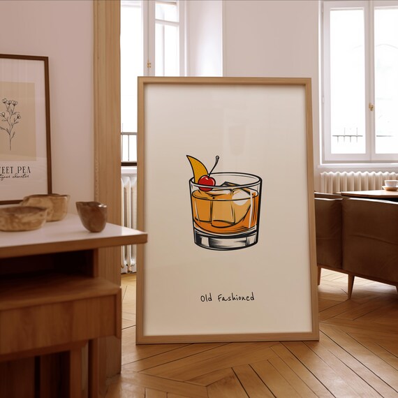 Old Fashioned Cocktail Illustration, Bar Wall Art Print