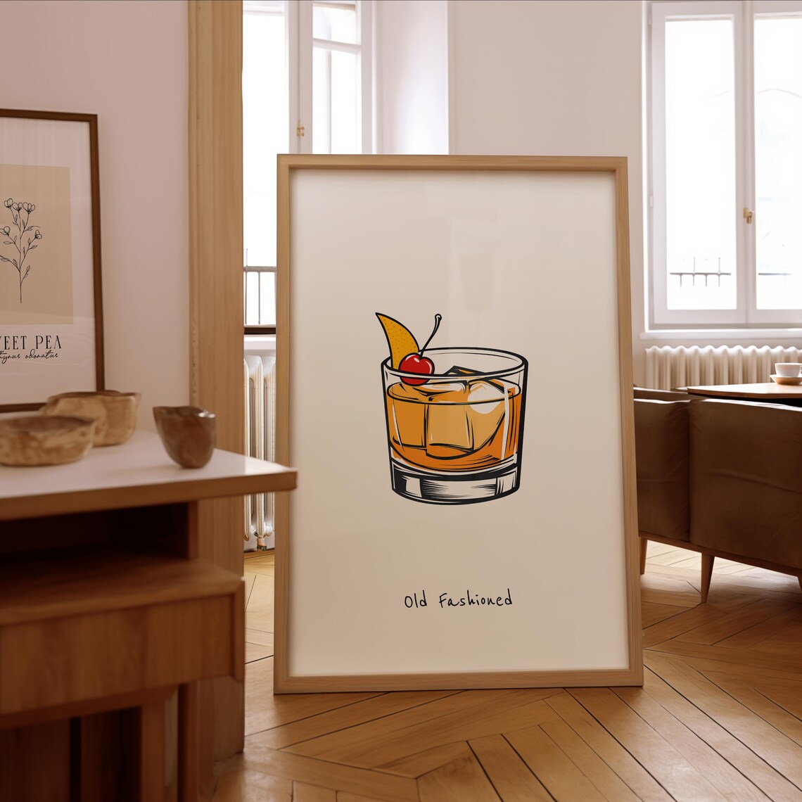 Old Fashioned Cocktail Illustration, Bar Wall Art Print