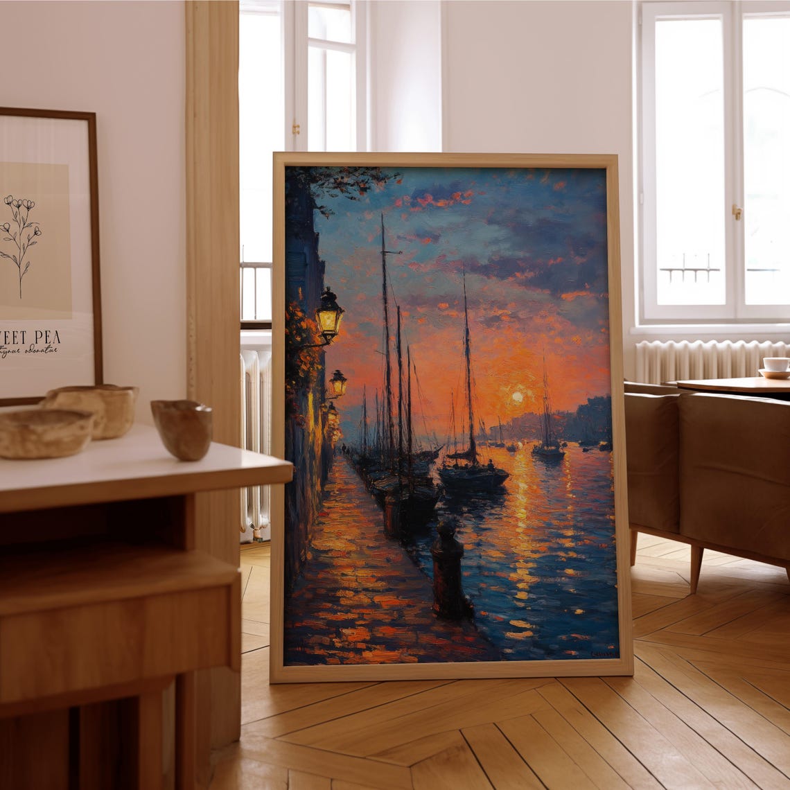 Sunset Harbor Sailboats Golden Hour Impressionist Oil Painting Print