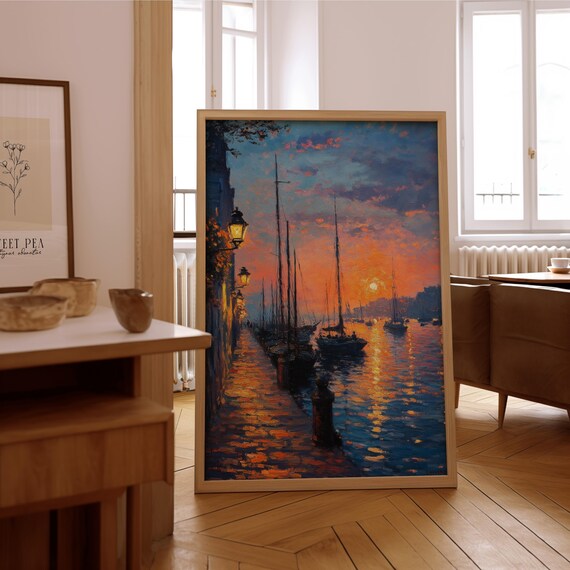 Sunset Harbor Sailboats Golden Hour Impressionist Oil Painting Print