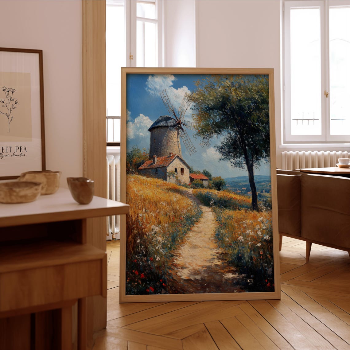 Windmill Golden Countryside Impressionist Landscape Art Poster