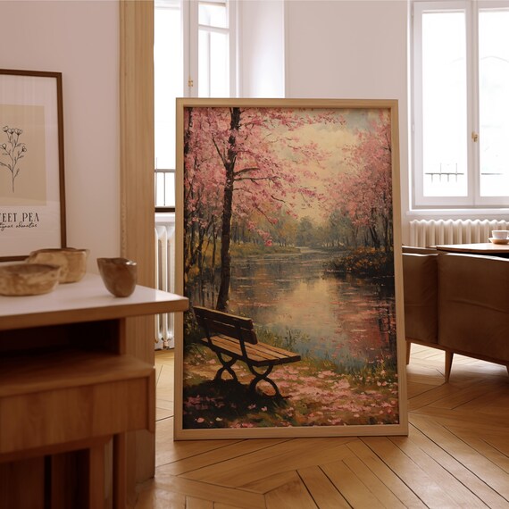 Cherry Blossom Park Bench Lakeside Spring Impressionist Art Poster