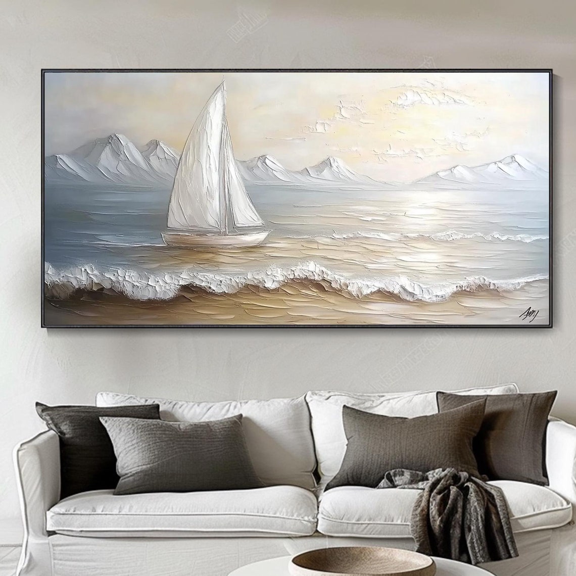 White Sailboat Calm Sea Snowy Mountains Muted Seascape Art Poster - Image 3