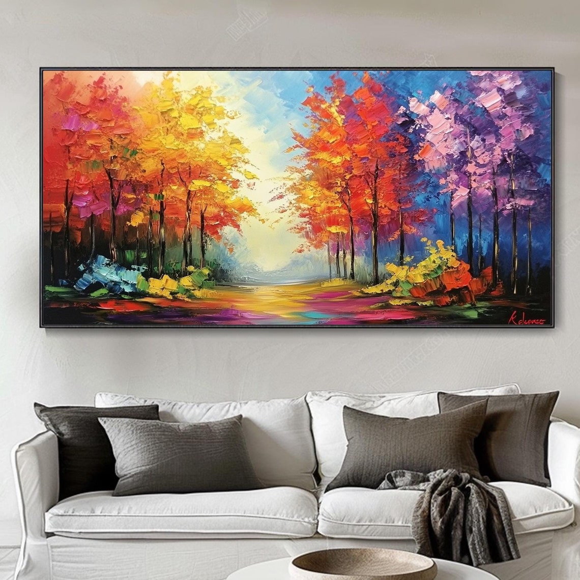 Fiery Autumn Forest Path Red Orange Canopy Impasto Art Poster