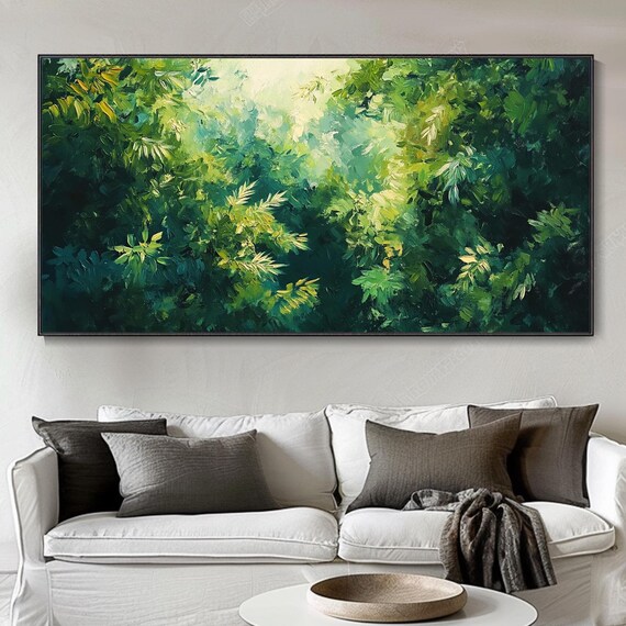Original Green Forest Oil Painting 3d Thick Texture Tree Art Sky Landscape Living Room Wall Decor Abstract Nature Scene Hand Crafted