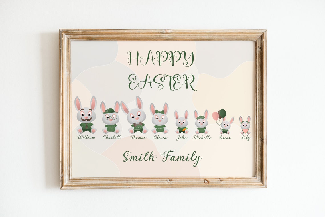 Happy Easter Personalized Bunny Family Custom Names Wall Print Gift