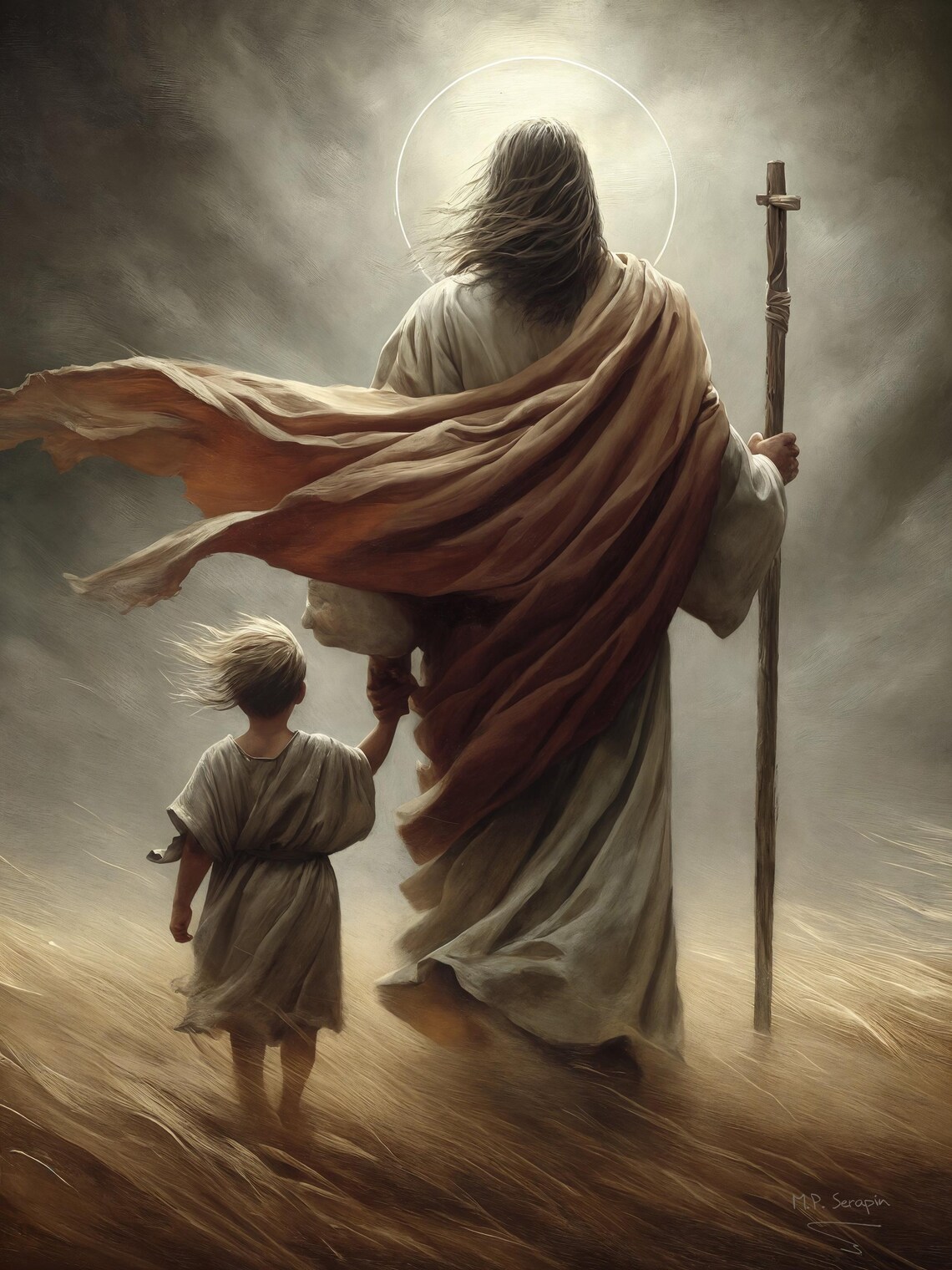 Jesus Leading Child Through Dark Valley Psalm 23 Moody Christian Poster - Image 3