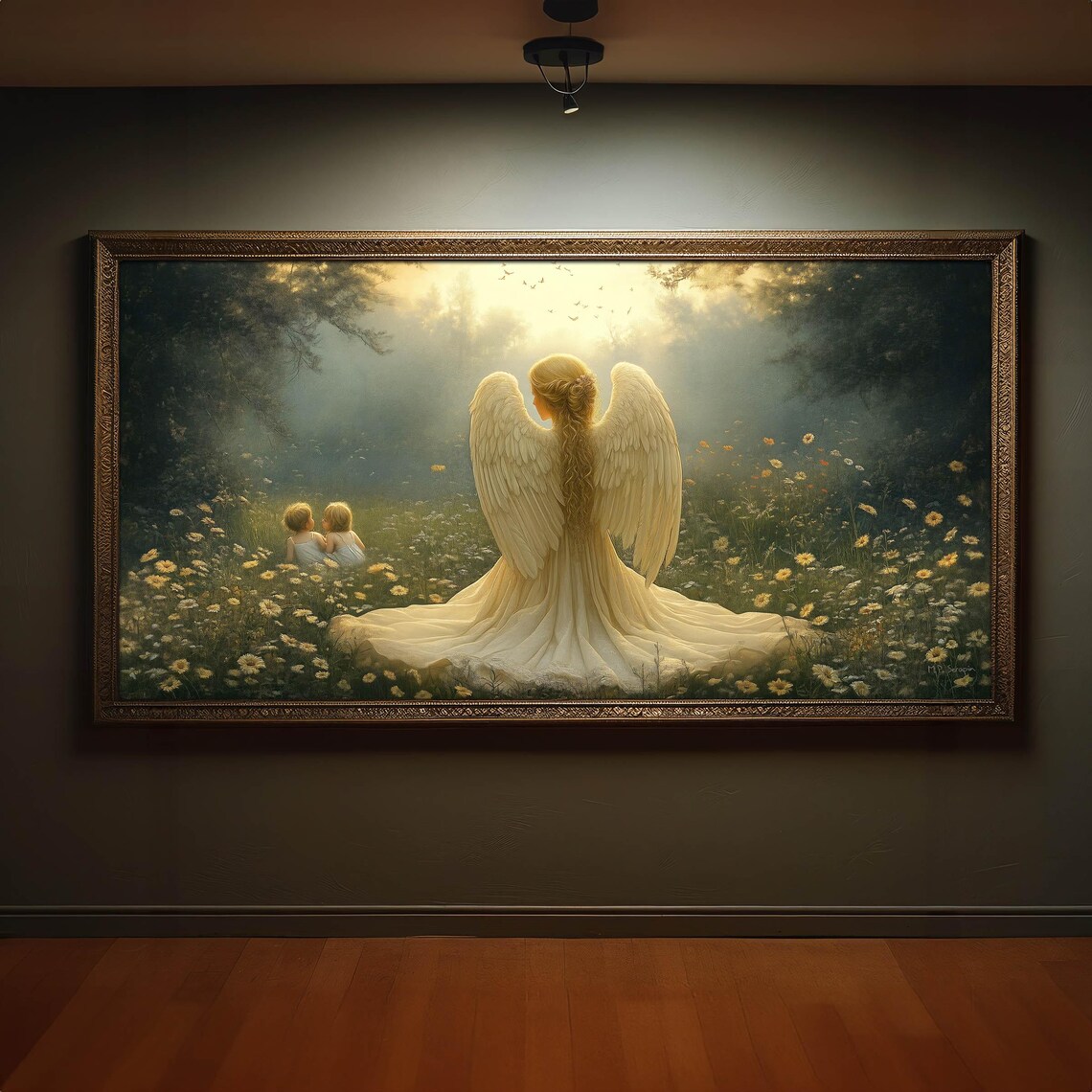 Guardian Angel Watching Over Children In Flower Meadow Panoramic Catholic Poster - Image 5