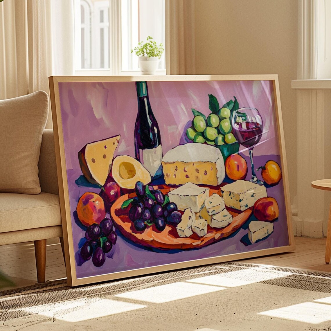 Wine And Cheese Board Still Life With Grapes On Purple Background Poster - Image 3