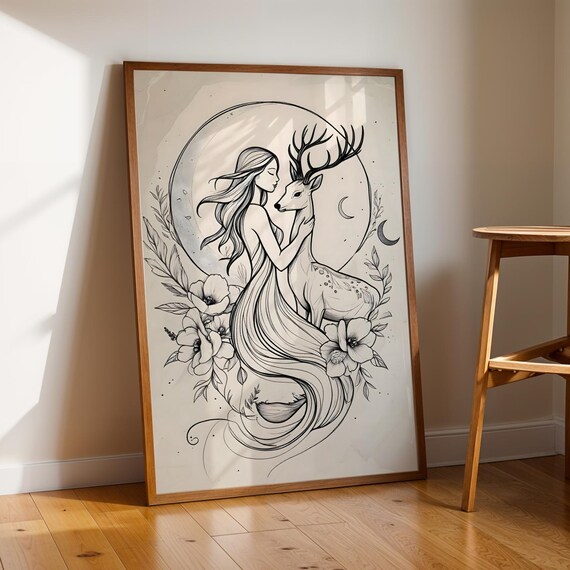 Beautiful Woman And Stag Moon Line Drawing Boho Mystical Art Poster