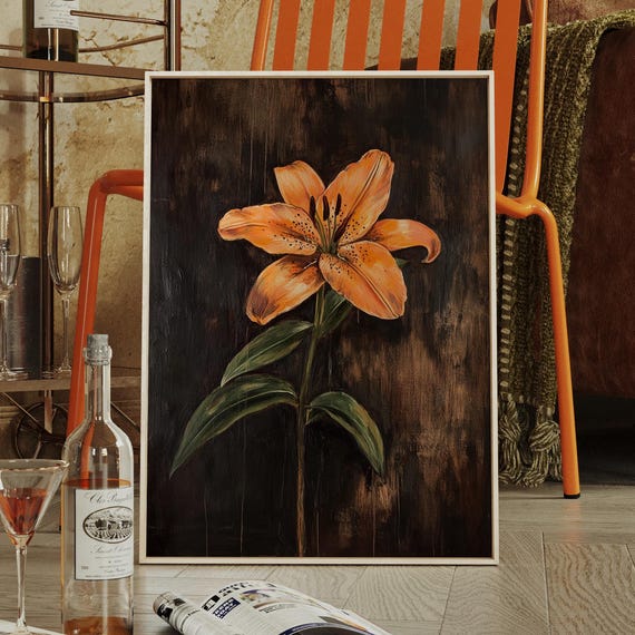 Orange Lily Canvas Wall Art Bold Floral Painting With Dark Background Elegant Botanical Print For Rustic Or Modern Decor