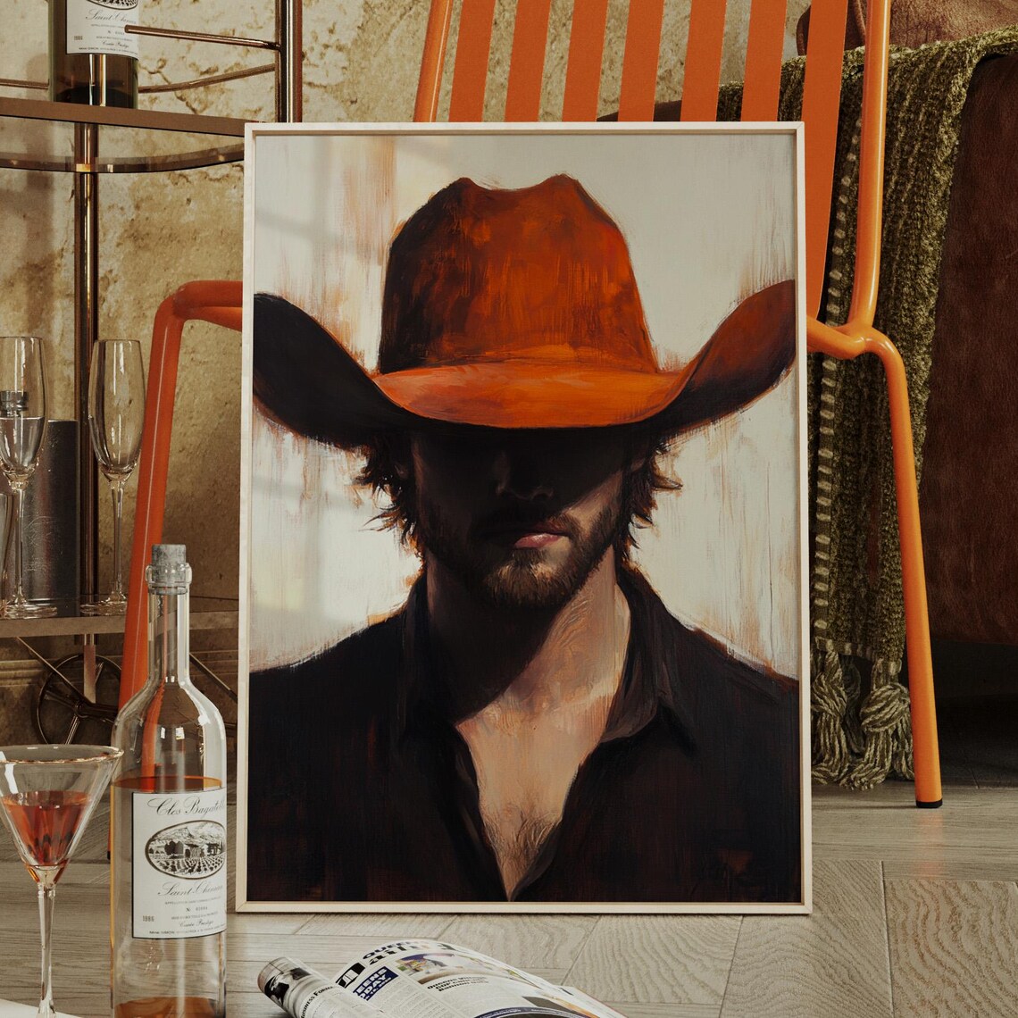 Moody Cowboy Portrait Orange Hat Dark Shirt Western Art Poster