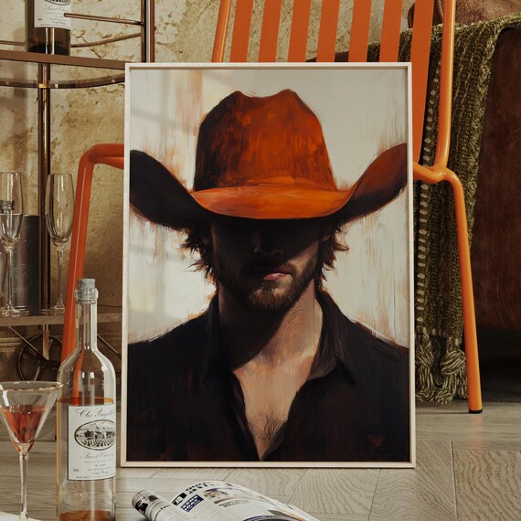 Moody Cowboy Portrait Orange Hat Dark Shirt Western Art Poster