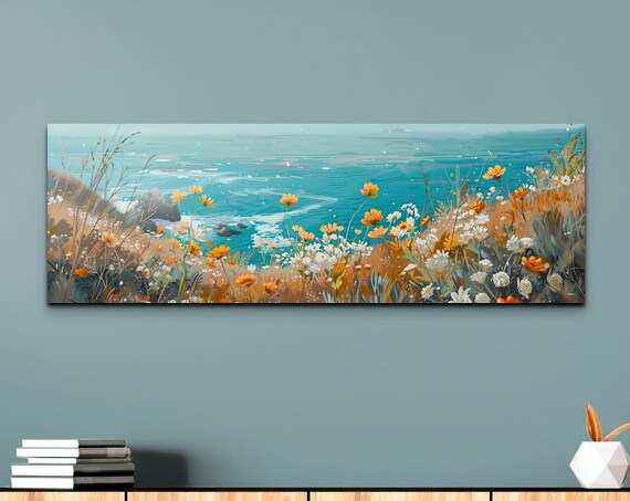 Coastal Wildflowers Overlooking Turquoise Sea and Rocks Panoramic Poster