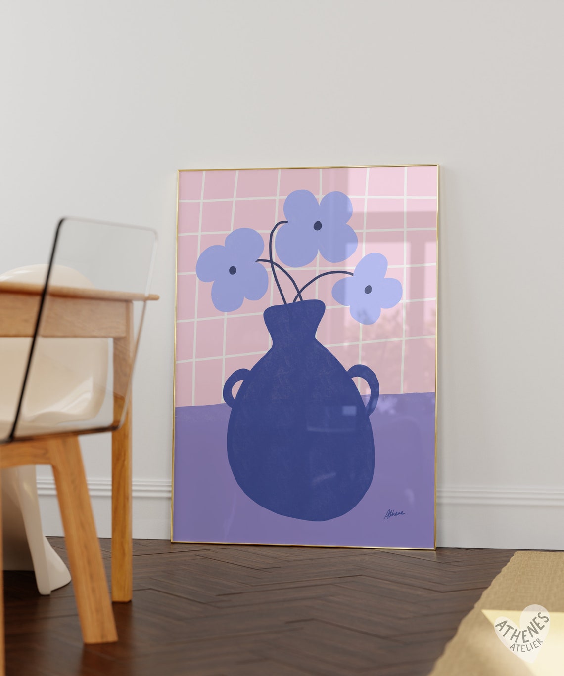 Pastel Pink Grid Blue Floral Vase Modern Abstract Dopamine Poster