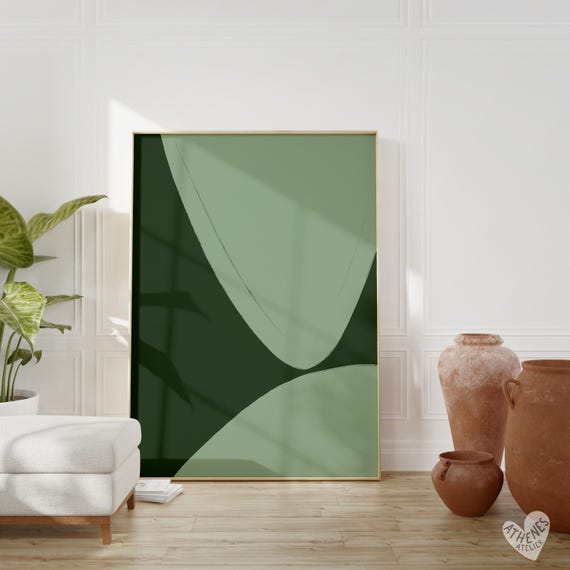 Abstract Print Sage And Emerald Green Shapes Minimalist Art Peaceful Bedroom Above Bed Living Room Hand Drawn Simple