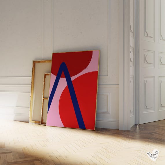 Abstract Print Pink Red Blue Art Colorful Minimalist Mid Century Matisse Inspired Modern Wall New Apartment Decor