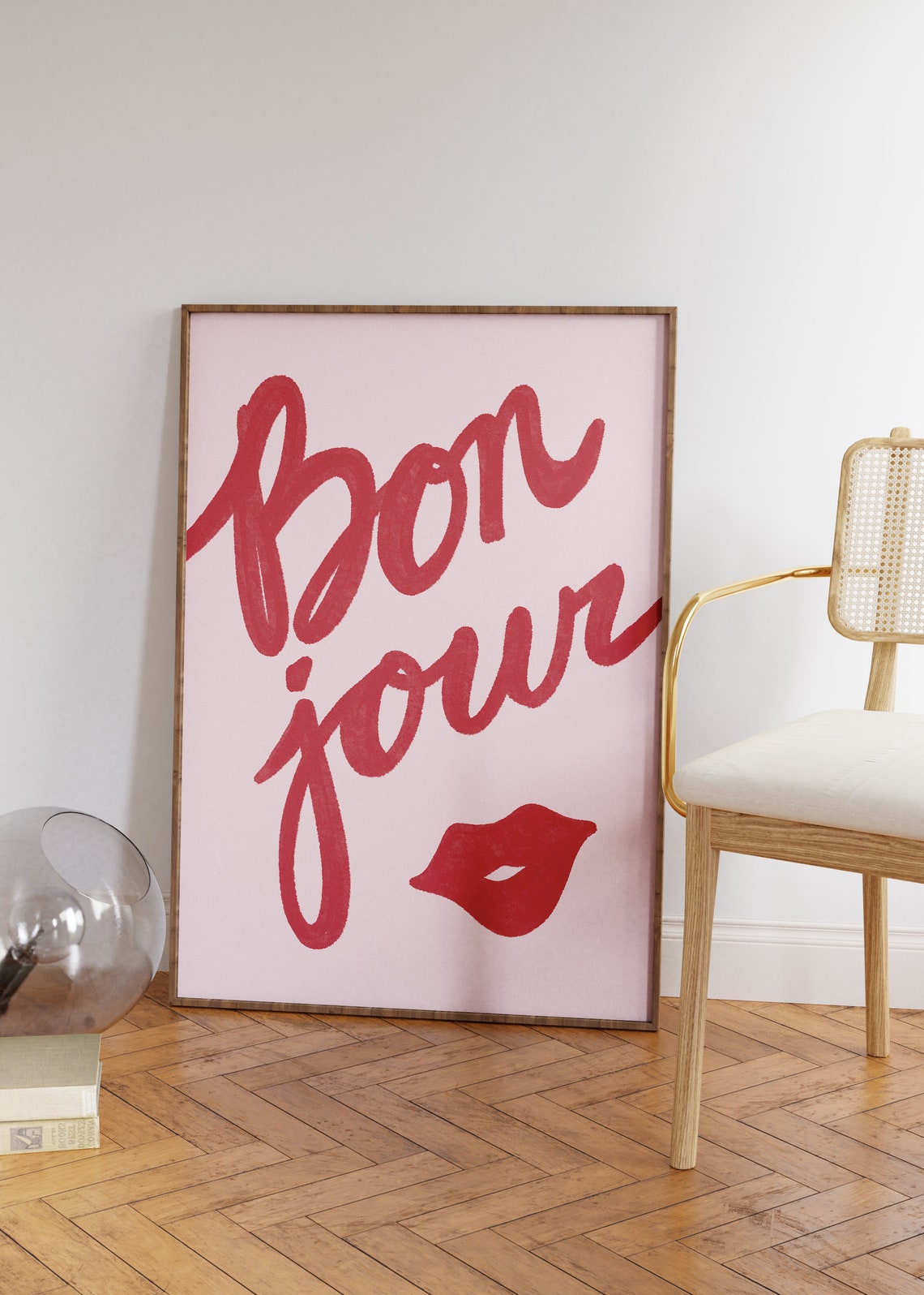 Bonjour Red Lips Kiss Pink French Parisian Typography Poster