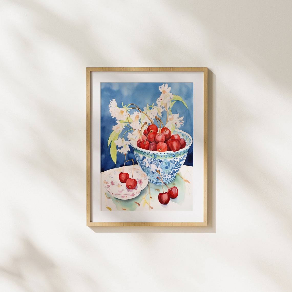 Cherry Blossom and Red Cherries in Blue Bowl Watercolor Poster