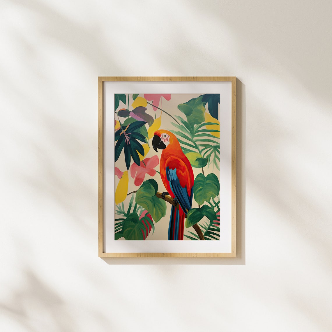 Scarlet Macaw Parrot in Tropical Foliage Lush Jungle Bird Art Poster