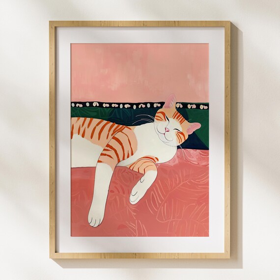 Sleeping Orange Tabby Cat On Pink Bedding Cozy Relaxed Whisker Art Poster