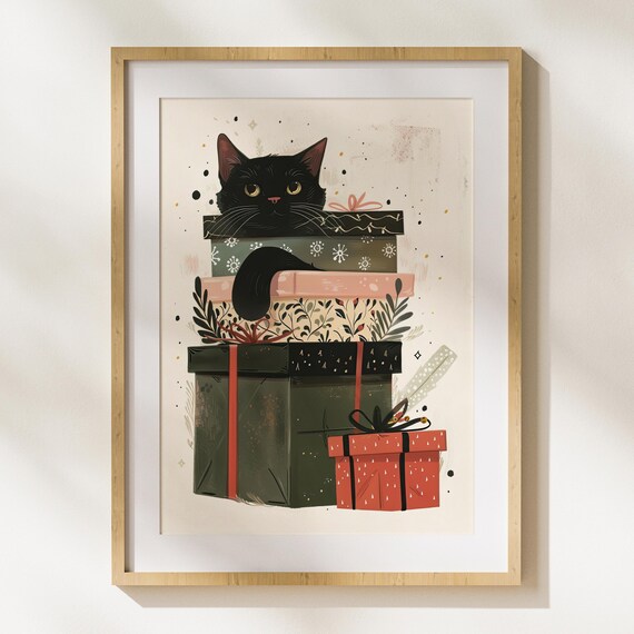 Black Cat Peeking Over Stack Of Christmas Gifts Whimsical Holiday Art Poster
