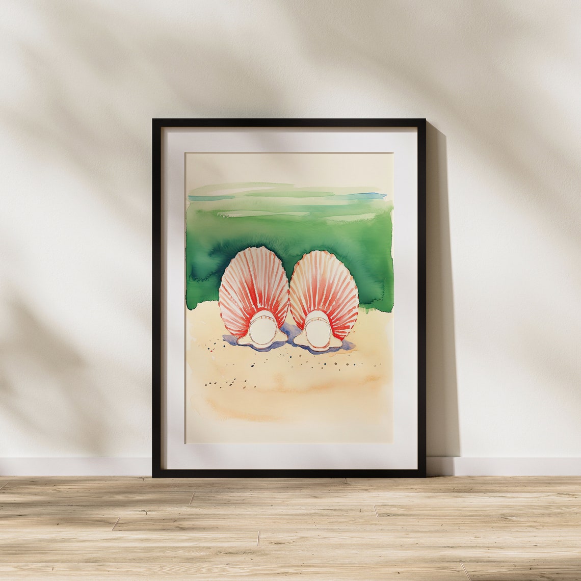 Pair of Red Striped Scallop Shells on Beach Sand Watercolor Poster - Image 2