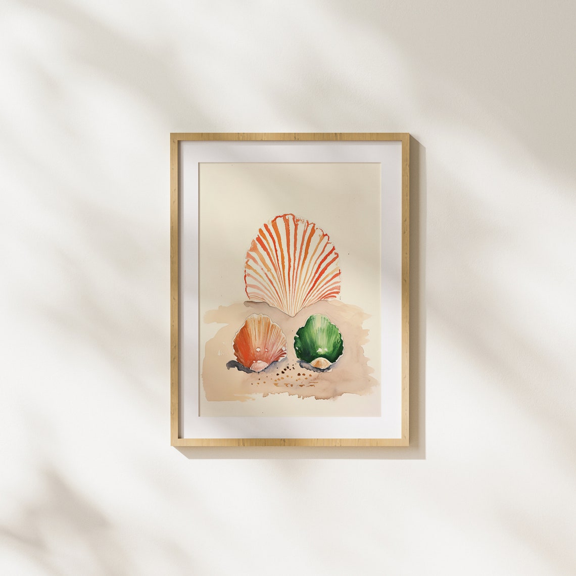 Three Scallop Shells on Sandy Beach in Orange and Green Poster