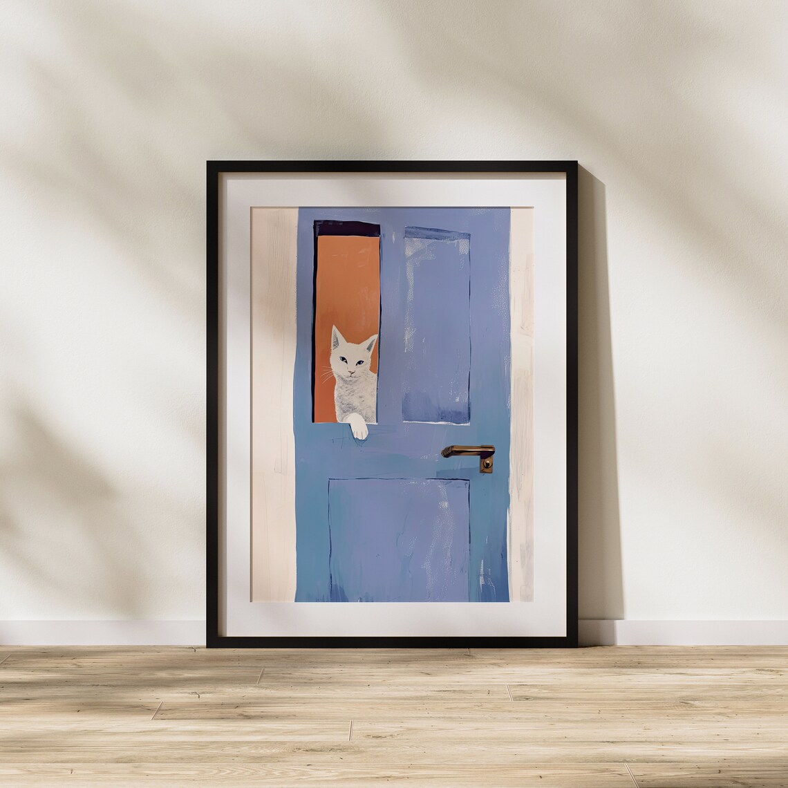 White Cat Peeking Through a Blue Wooden Door Cute Art Poster - Image 2