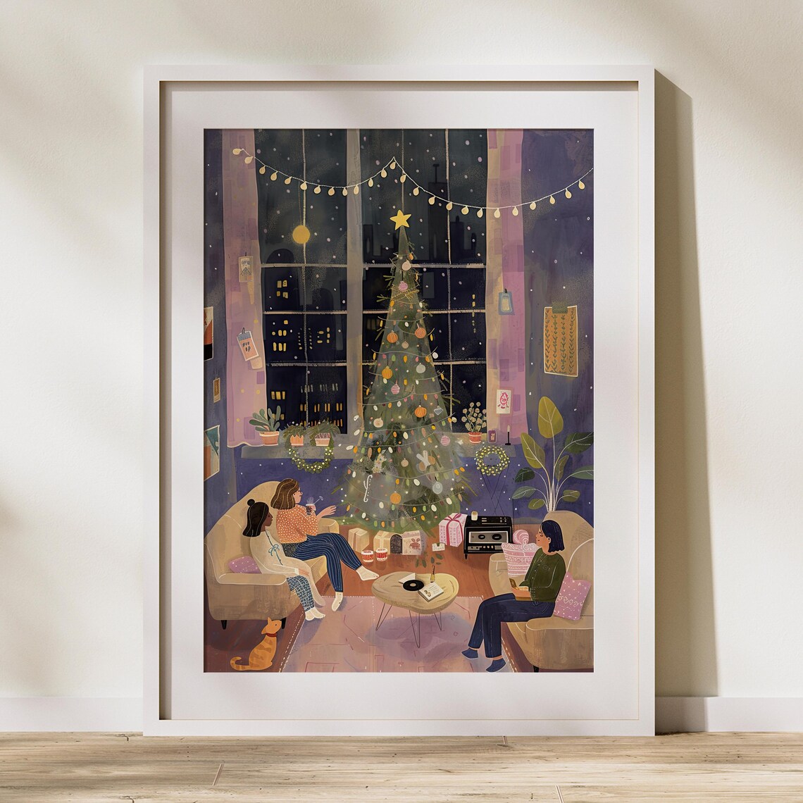 Cozy Christmas Eve Family Tree Snowy City Night Illustrated Poster - Image 2