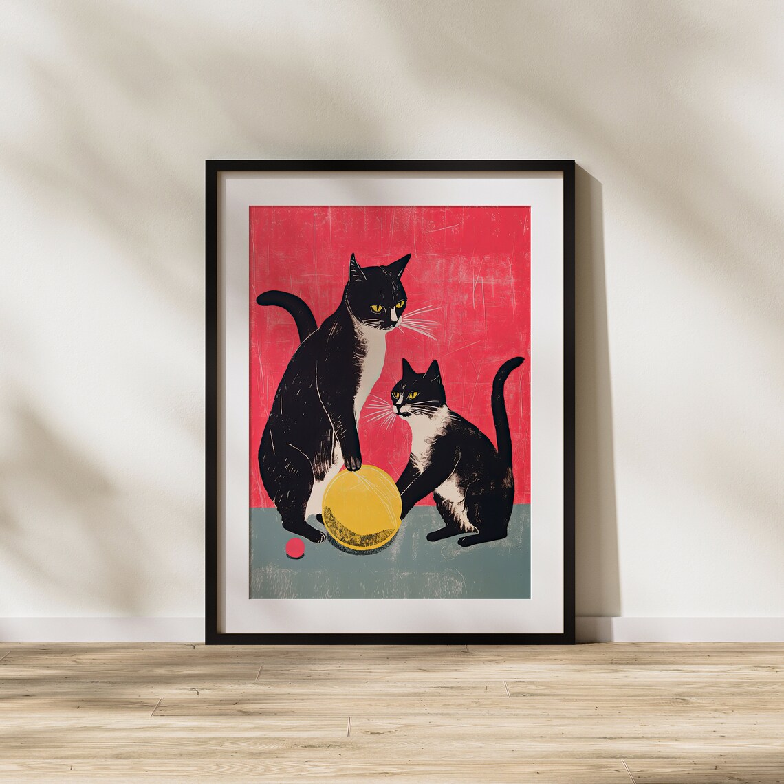 Two Black Cats With A Yellow Ball On Bold Red Retro Illustration Poster - Image 2