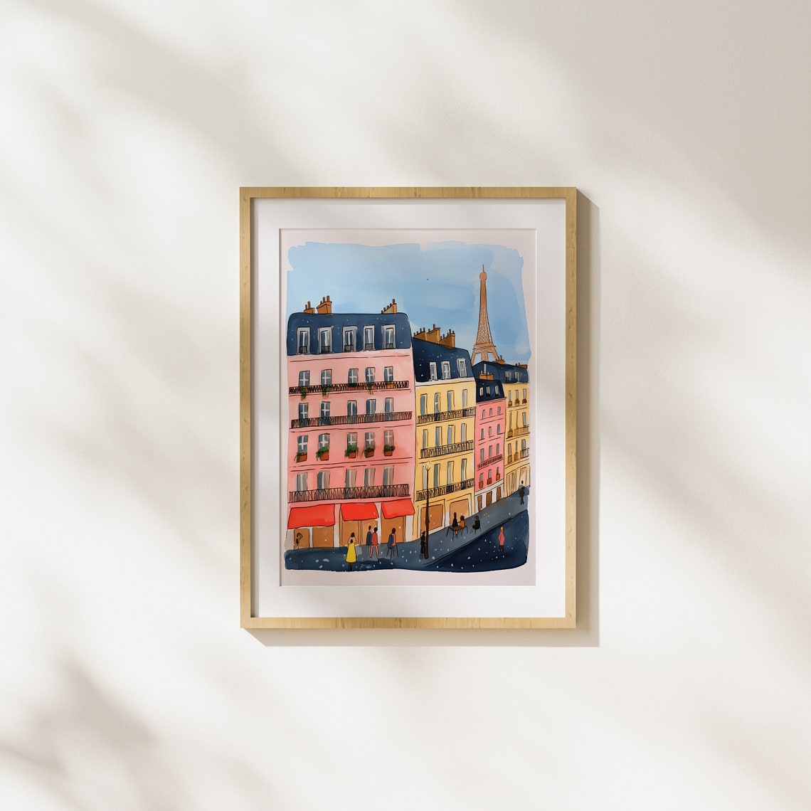 Colorful Paris Street with Eiffel Tower Bright Watercolor Poster