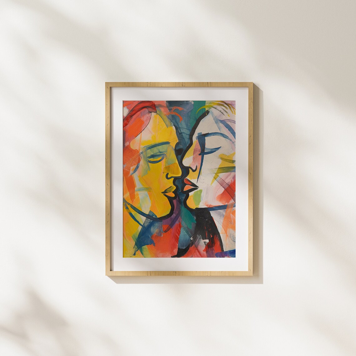 Abstract Watercolor Kiss Of Two Colorful Faces Modern Love Art Poster