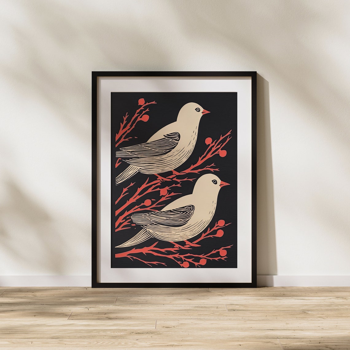 Two Cream Songbirds On Red Berry Branches Vintage Woodcut Poster - Image 2